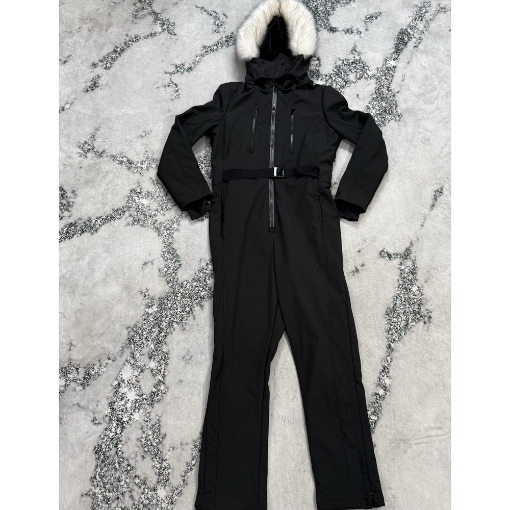 Topshop Sno Ski Snowsuit Black Faux Fur Hood Belted One Piece Womens Size 14